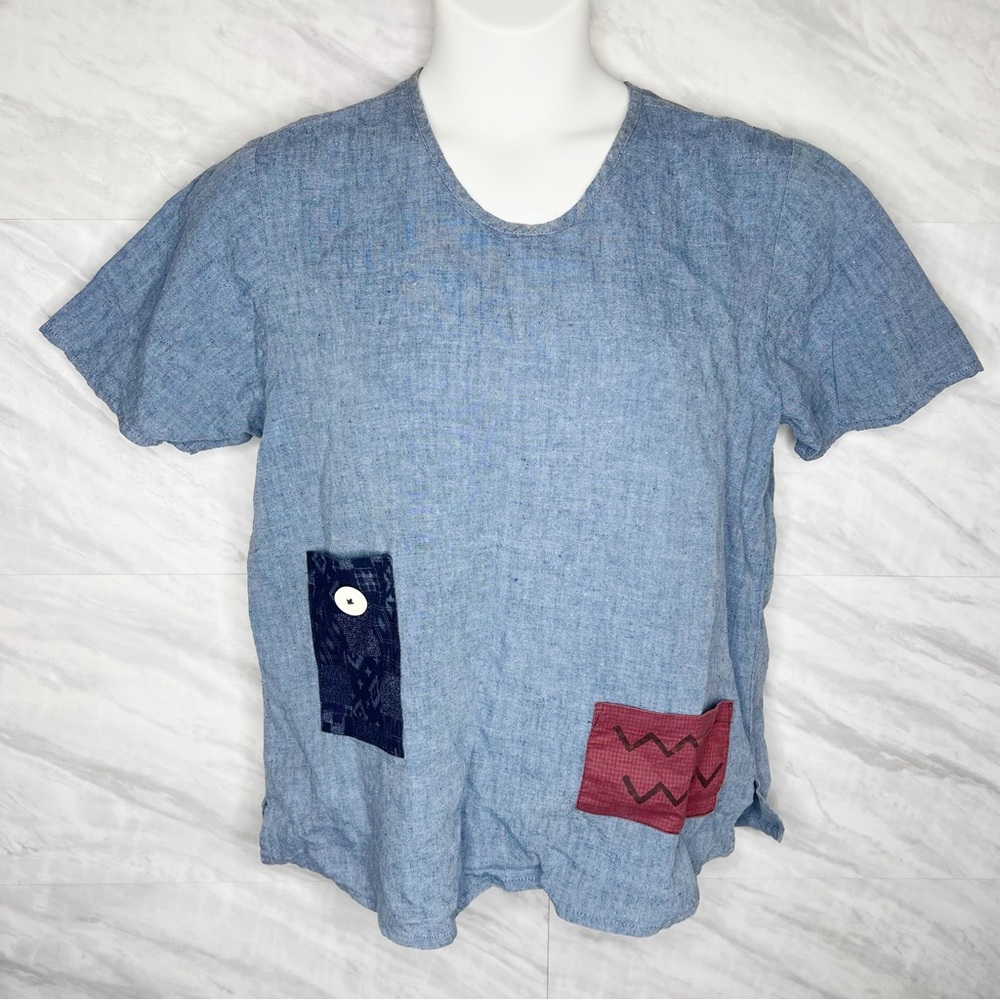Flax Denim Patchwork Linen Top Small - image 4
